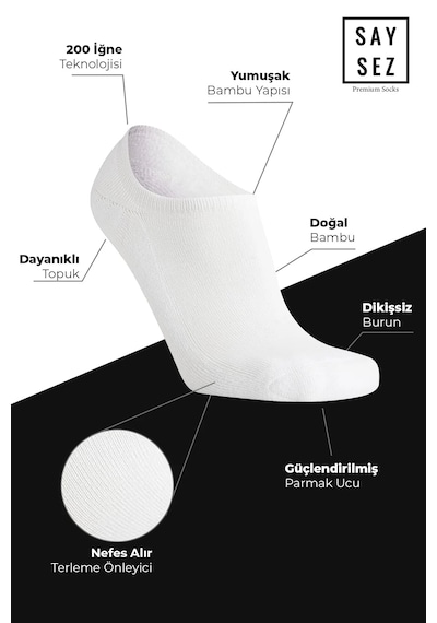 Saysez Bambu Kadın Sneaker Asorti Çorap Dikişsiz Görünmez Bilek Spor 4lü Beyaz - Gri - Siyah