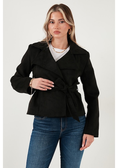 Lela Regular Fit Kruvaze Yaka Kuşaklı Süet Dokulu Bayan Ceket 6839640 Siyah