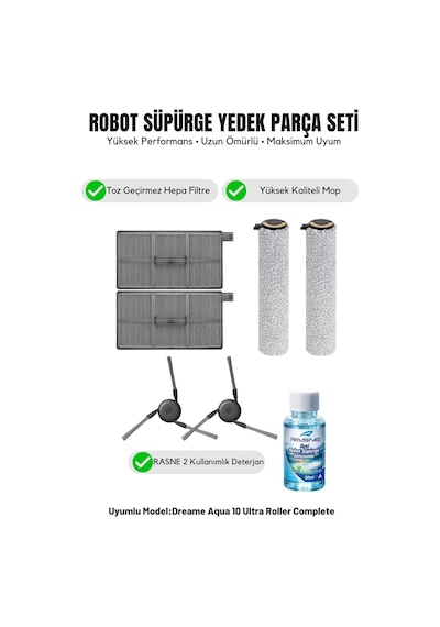Dreame Aqua10 Ultra Roller Complete İle Uyumlu 2 Yan Fırça 2 Filtre 2 Mop 1 Deterjan 1.0