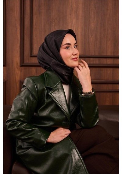 Silk Home Twill İpek Eşarp Koyu Yeşil Yeşil Yeşil Gri Desenli Tok Duruşlu 90x90 Çok Renkli