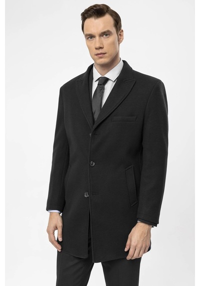 Süvari Slim Fit Yünlü Sivri Yaka Siyah Erkek Kaban Siyah