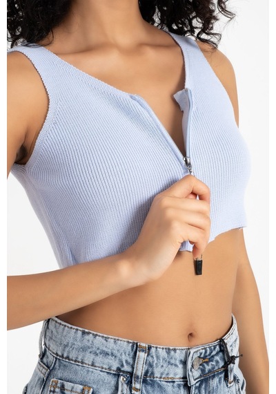 Hiccup V Yaka Fitilli Örme Fermuarlı Crop Top Mavi