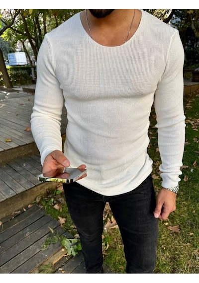 Elku Moda Kazak Örme Tüylenmez Naturel Pamuk Kazak Slim Fit Triko Dar Kesim Body Kazak Beyaz