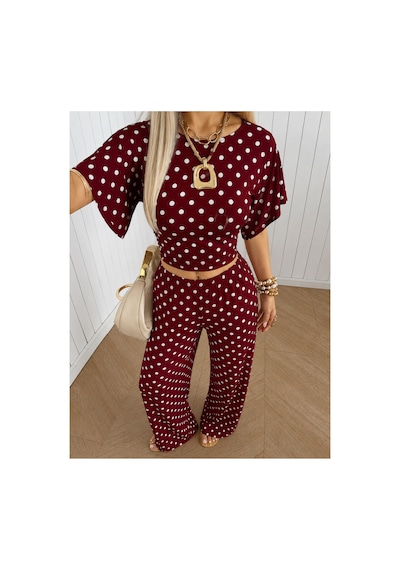 Hımmelduf Kadın Puantiyeli İkili Takım Crop Bluz Bol Paça Pantolon Bordo Puantiye