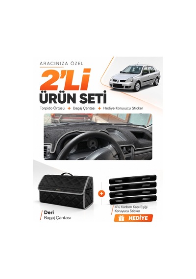 E-biz Renault Klio Symbol Airbagsiz 2002-2008 Uyumlu Torpido + Deri Çanta - Siyah-gri - Re011