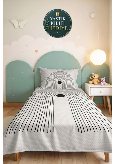 Siyah Geometrik Modern Genç Odası Tek Kişilik Pike Takımı - Minimal 160x220 Cm Kapitone Yatak Örtüsü Kremamsı Kil Kokusu