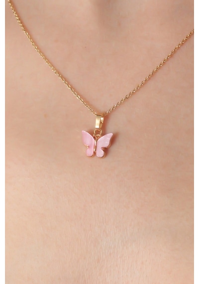 Gold Pembe Renk Kelebek Figür Kadın Kolye