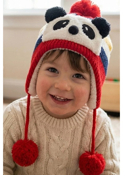 Bay Şapkacı - Sevimli Panda Tasarımlı Unisex Çocuk Kışlık Bere - 5900 Kırmızı
