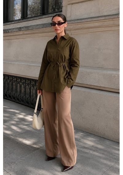 Madmext Haki Belden Bağlamalı Oversize Cepli Gömlek Mg2798