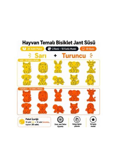Hayvan Temalı Bisiklet Jant Süsü 20 Parça 2 Renk 10 Farklı Model Turuncu-sarı