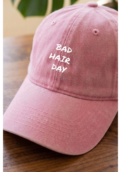 Emybox Bad Hair Day Yazılı Yıkamalı Unisex Şapka - Eskitme Metal Tokalı Ayarlanabilir Baskılı Beyzbol Şapka Pembe