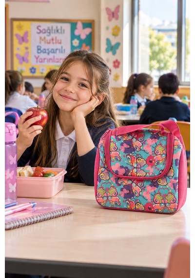 Kelebek Temalı Beslenme Çantası Çocuk Okul Pembe Rengarenk Termal Isı Yalıtımlı 24x22x14 Cm Çok Renkli