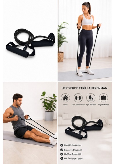 Tutamaçlı Direnç Bandı Siyah Fitness Pilates Egzersiz Lastiği Tüm Vücut Antrenman Bandı Siyah Siyah