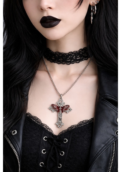 Gotik Kırmızı Kanatlı Haç Kolye Gümüş Renk Zincir Unisex Çok renkli