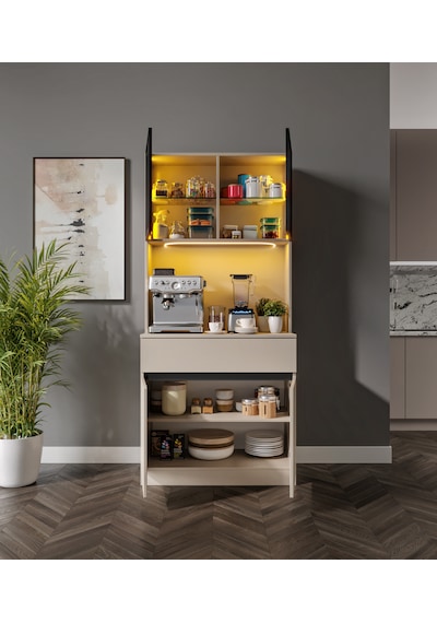 Viona Kum Beji Mini Komple Mdf Led Aydınlatmalı Kahve Köşesi Bej
