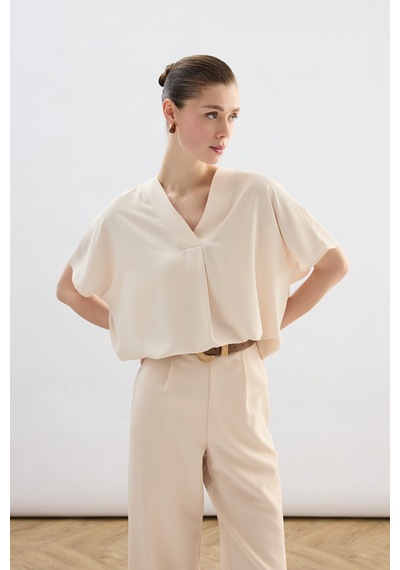 Sateen Geniş Kısa Kollu Bluz - Bej-136759 Bej