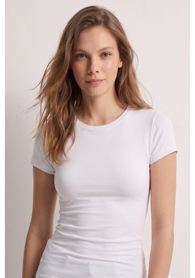 Elemge %95pamuk %5likra Vücuda Oturan Magic Fit Beyaz Kadın Stretch T-shirt Compact Penye Kısa Kol Esnek Basic Tişört Elastan