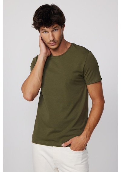 Tudors Slim Fit Bisiklet Yaka Düz Basıc Kısa Kol Haki T-Shirt-27718-Haki