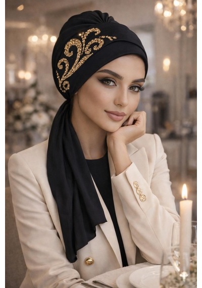 Aişe Tesettür Siyah Gold Motif Abiye Atkılı Bone