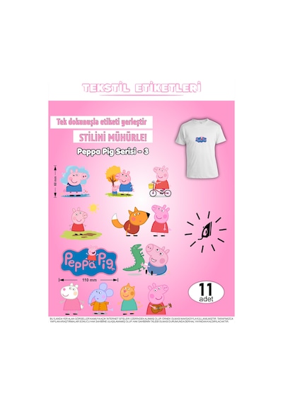 Ütü İle Yapışan Kıyafet Etiketi Peppa Pig Serisi -3 11li Set Karışık