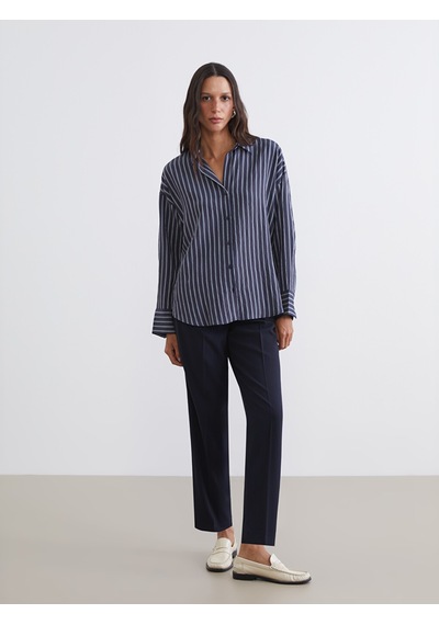 Lcw Vision Lacivert Çizgili Oversize Kadın Gömlek