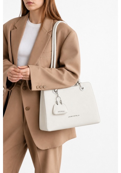 Just Polo Kadın Yeni Sezon Büyük Boy Aksesuar Detaylı Günlük Şık Kol Çantası Shopper Beyaz