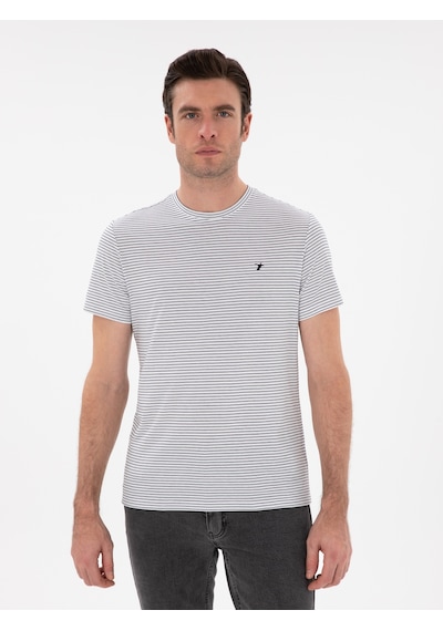 Siyah Slim Fit Bisiklet Yaka Çizgili T-shirt Beyaz
