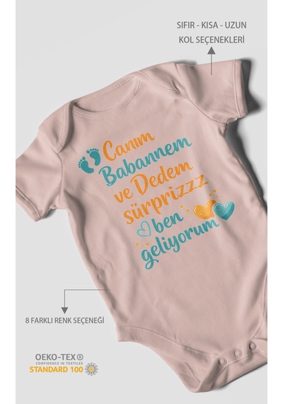 Morivokids Babaanneye Ve Dedeye Özel Kısa Kollu Bebek Body %100 Pamuk Pastel Pembe