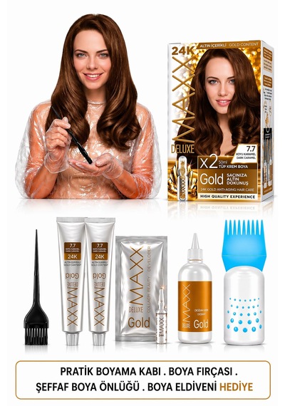 Maxx Deluxe Golden Beauty Set Saç Boyası 7.7 Koyu Karamel 2li + Fırça+pratik Boya Kabı