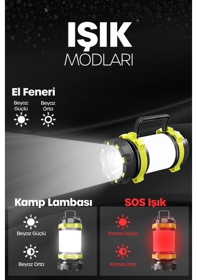 6 Mod Şarjlı Kamp Lambası El Feneri Powerbank Özellikli Su Geçirmez Led Işıldak Yeşil 47703 Gri