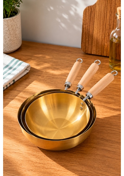18.5cm Gold Tava Küçük - Japon Stil Gold Wok Tava - Tam Yuvarlak Tava - 304 Paslanmaz Çelik Profesyonel Ahşap Saplı