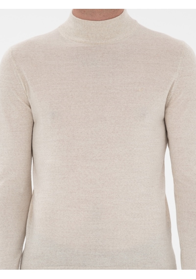 Cacharel Bej Slim Fit Yün Karışımlı Yarım Balıkçı Yaka Basic Triko Kazak