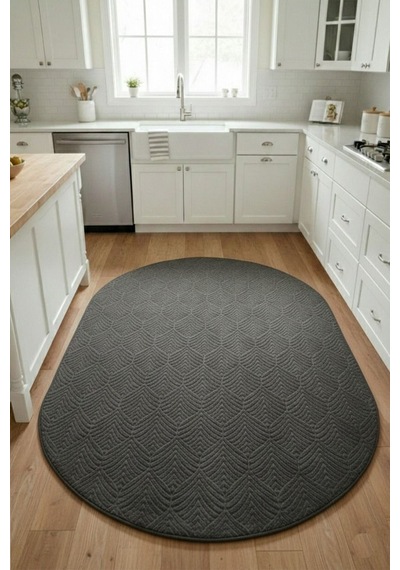 Raschel Carpet Yıkanabilir Oval Elips Leke Tutmaz Yaprak Emboss Koyu Gri Mutfak Halısı Özel Seri Kaymaz Taban Halı Koyu Gri