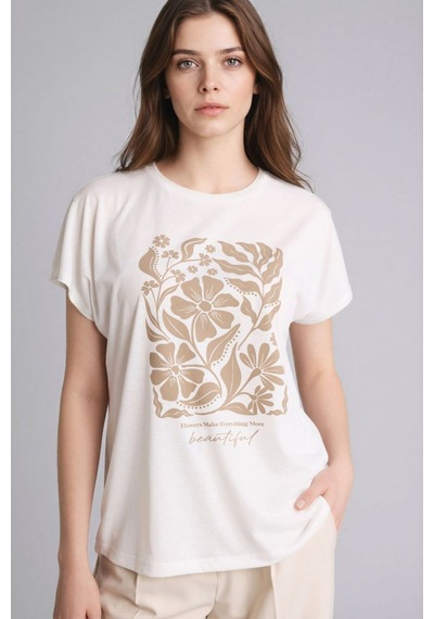 Defacto Bisiklet Yaka Çiçekli Ekru Kadın T-shirt G8804ax/er105 Ekru
