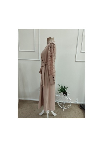 Butik İstanbul Kadın Uzun Kollu Bisiklet Yaka Belden Kuşaklı Midi Waffle Elbise Bej