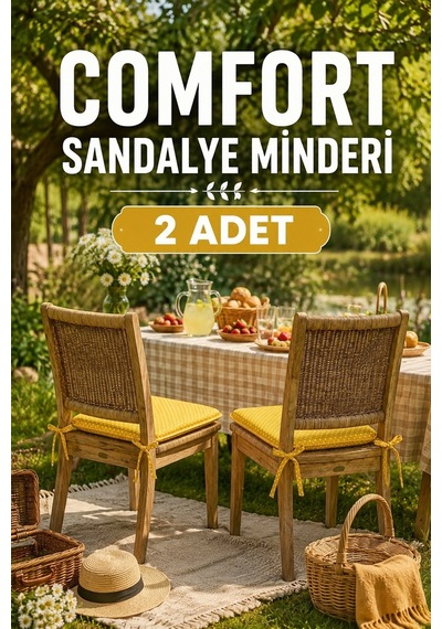 Comfort 2 Adet Sandalye Minderi Bağcıklı Özel Dikişli Süngerli Pamuklu Kumaş Sandalye Minderi Puanlı Sarı