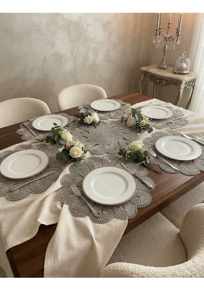 5 Li Set Gümüş Rengi Simli Masa Runner