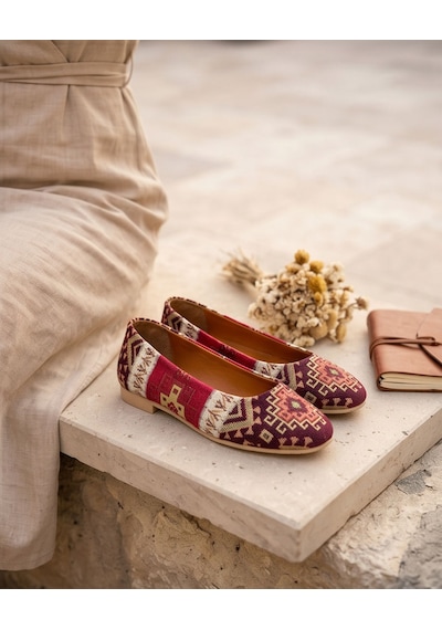 Futsishoes Vıttorıa Hakiki Deri Etnik Desenli Kadın Bordo Kilim Desenli Babet