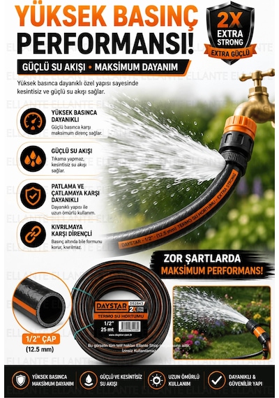Patlamaz 1/2 İnç 25 Metre Termoplastik Su Hortumu 2x Extra Strong Yüksek Basınca Dayanıklı Esnek Bah