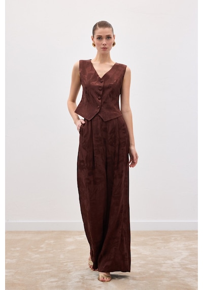 Sateen Jakarlı Bol Pantolon - Kahve-136817 Kahve