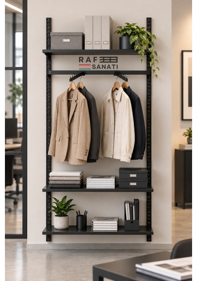 90 Cm Duvar Raf Askılık Sistemi 3 Raflı 200 Cm Konik Dikme Hazır Set Siyah