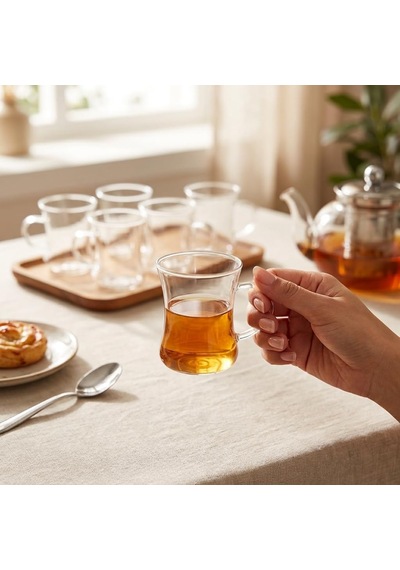 6'lı Kulplu Borosilikat Cam Çay Bardağı Seti, İnce Şeffaf Ve Tabaksız, Keyf-i Ala, Kısa, Desenli, Çizgili Ve Burgu Çizgili Model Seçenekleri Keyf-i Ala Kısa çok renkli