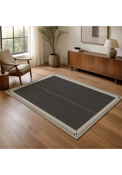 Kartela Halı İnce Çizgili Bordürlü Halı Antrasit Kaymaz Taban Makinede Yıkanabilir 160x240 Cm