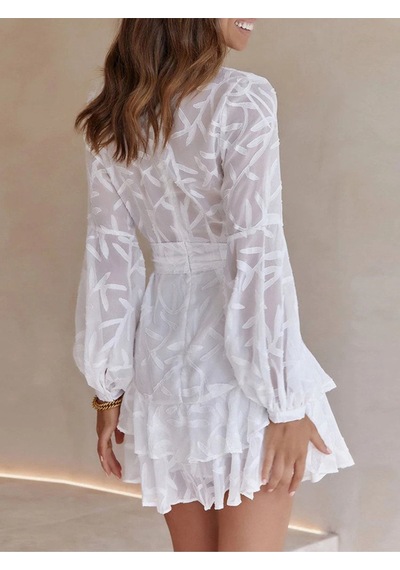 Fashion Cocktail Kabartma Yaprak Dal Desenli Uzun Kollu Kemerli Bohem Mini Elbise Beyaz