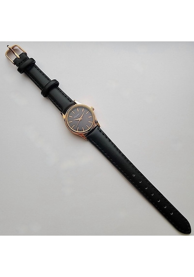 Retro Kadın Kol Saati, Vintage Minimal, Rose Gold Renk, Çizgili Kadran, Koyukahverengi Kordon Rose Gold Siyah Kordon Altın