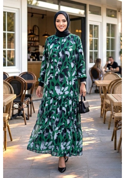 Hb Harma Time Butik Kadın İçi Şardonlu Desenli Şifon Yeşil Elbise