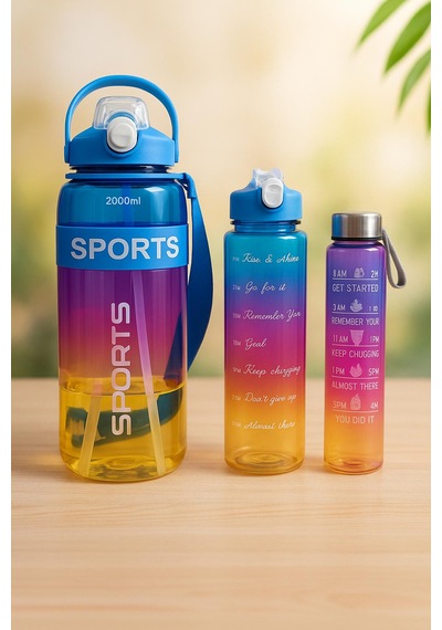 Sports Renkli Akrilik Spor 3lü Motivasyon Suluk Matara 3adet 2000ml 900ml 350ml Koyu Mavi