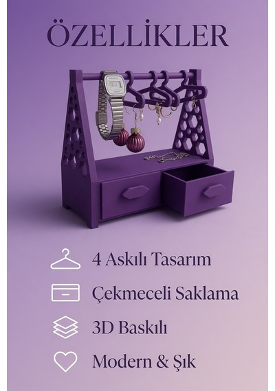 Çekmeceli Takı Organizer Standı Kolye, Küpe, Saat Ve Yüzük Düzenleyici Mor