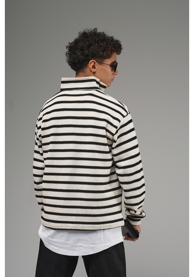 King-Brich Kingbrich Kids Oversize Kalıp Çizgili Yakası Fermuarlı Sweatshirt SIYAH