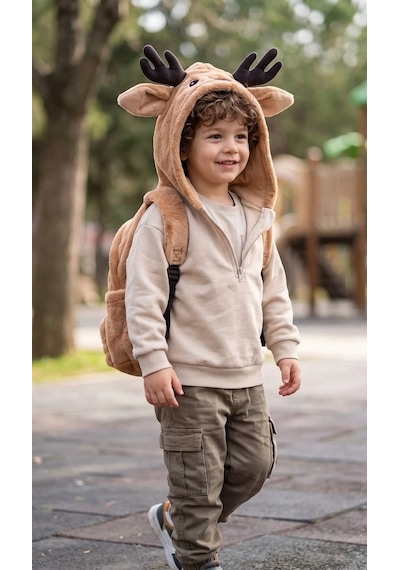 Unisex Çocuk Su Geçirmez Geyik Tasarımlı Çıkarılabilir Kapüşonlu Sırt Çantası Brown